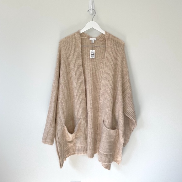 Topshop Beige Ribbed Pocketed Side Slit Cardigan - Picture 1 of 8